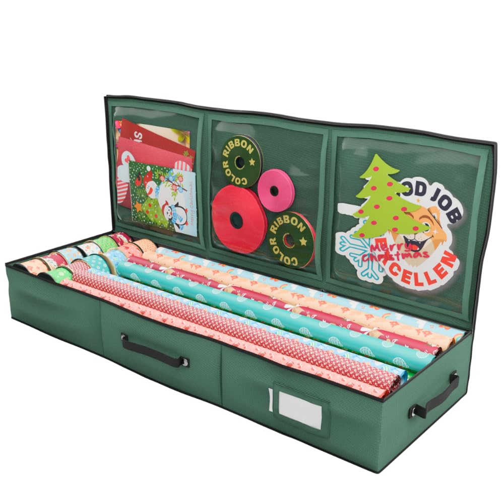 Primode Wrapping Paper Storage Container | Gift Wrap Organizer Under Bed | 41”x14”x6” | Box Holder for 18-24 Rolls Up to 40” | 600D Oxford Material | Pockets for Ribbon, Bows, and Accessories (Green)