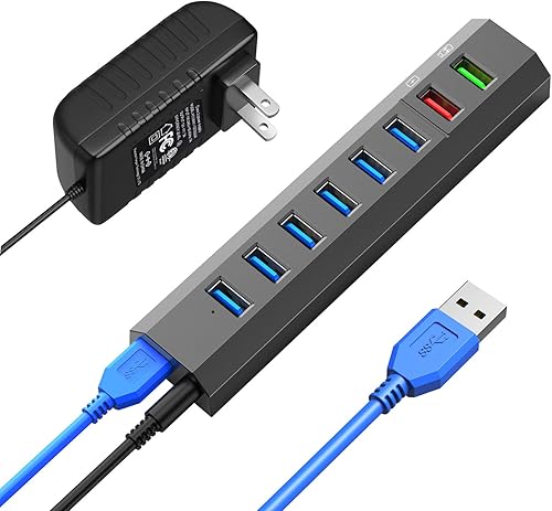 Miniatura 10 de Concentrador USB 3.0 alimentado, RAOYI 6 puertos USB 3.0 de alta velocidad con adaptador de corriente de 24 W, cable de 3.3 pies y cargador rápido