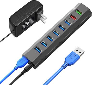RAOYI Powered USB 3.0 Hub, 8 Ports High Speed USB 3.0 Hub Splitter with 36W Power Adapter, 3.3ft Cable and Smart Fast Charger USB Hub for Laptop, PC, Mobile HDD, Mulitple Devices Gray