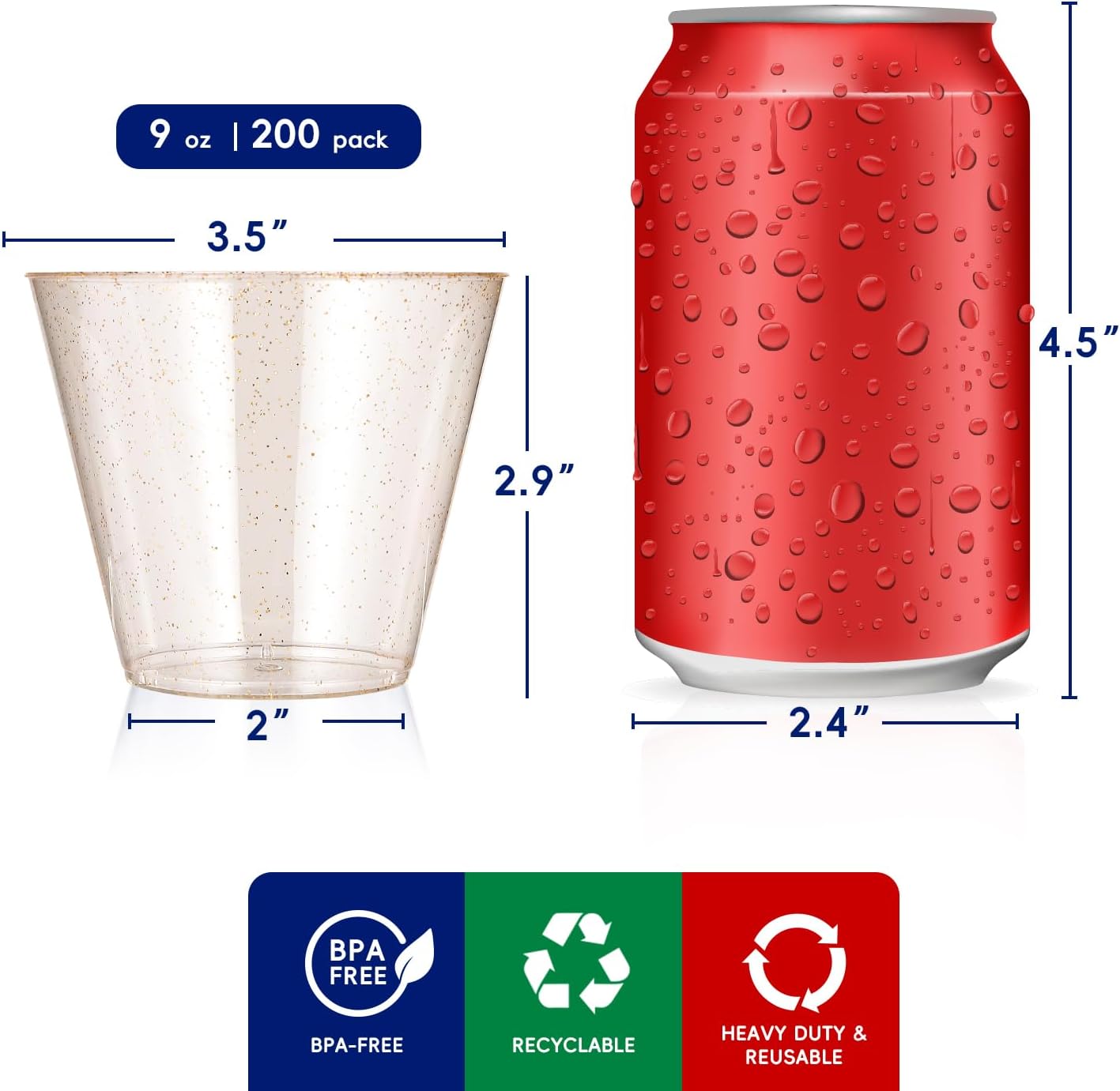JOLLY CHEF 200 Pack 9 oz Glitter Plastic Cups, Disposable Gold Cups, Clear Plastic Tumblers for Wedding, Thanksgiving, Christmas Party - Image 2