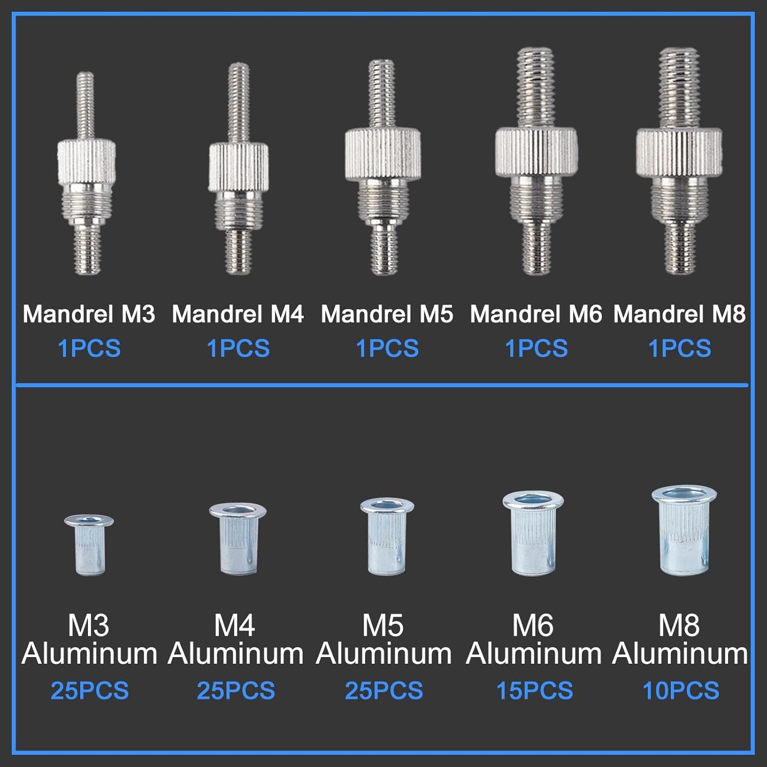 106pcs Set de Pince à Écrous Rivetés Pro 5 Mandrins M3 M4 M5 M6 M8 | Pince à Insert Fileté Pince Écrou a Riveter, 100 Rivets Aveugles Écrou pour Métal, Tuyau, Voiture, Meubles Réparation