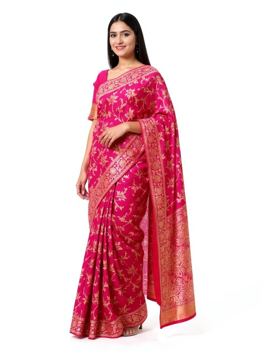 Sugathari Women's Pure Kanjivaram Silk Saree Banarasi Silk Saree With Blouse Piece (SAM PARI S-7) (Hot Pink) - Image 7 thumbnail
