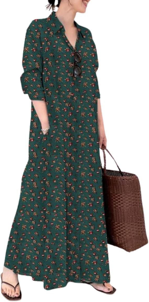 Womens summer vintage shirt dress with side pocket solid color