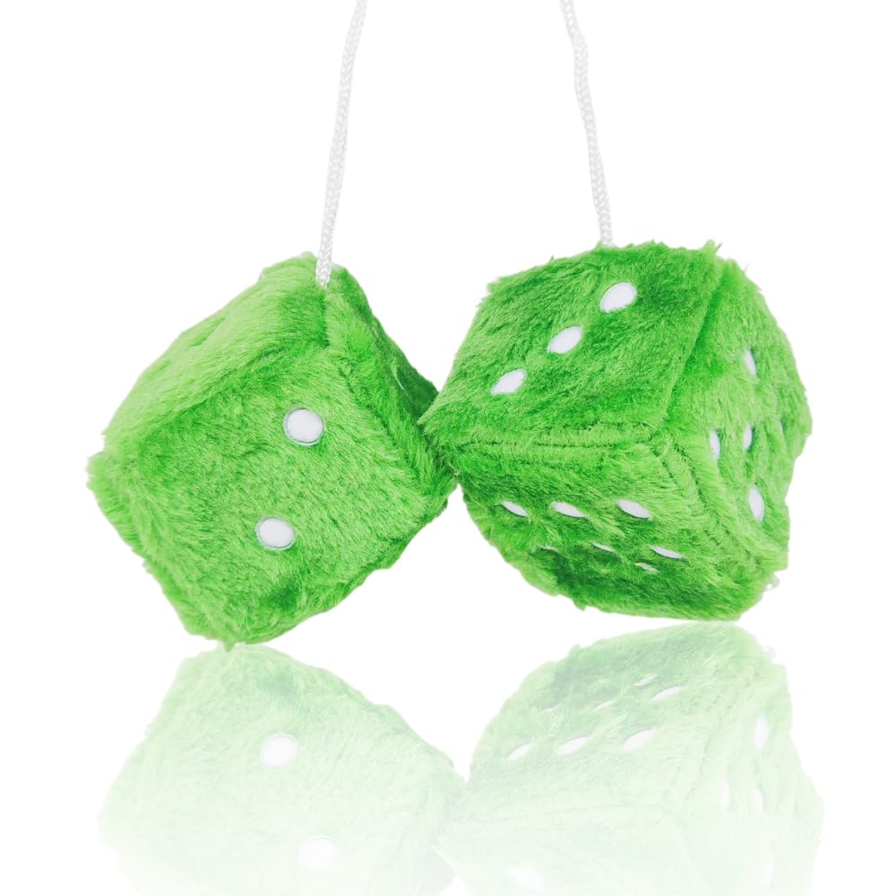 Mioyoow Green Fuzzy Plush Dice, Universal Fashionable Car Square Decoration Easy To Install Dice Car Hanging Furry Dice With Dots For Car Rearview Mirror