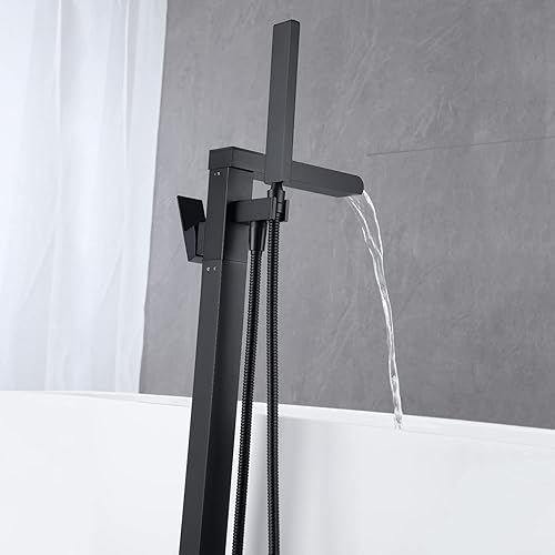 Miniatura 28 de Llenador de bañera independiente, grifo de bañera en cascada, montaje en el suelo, latón de una sola manija, grifos de baño con ducha de mano