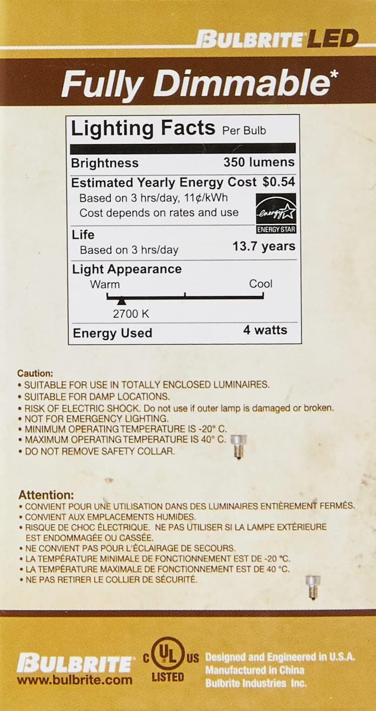 Bulbrite 776873 4 Watt LED G16 Clear Decorative Globe Candelabra (E12) Base, 2700K Light Bulb (4 Pack)