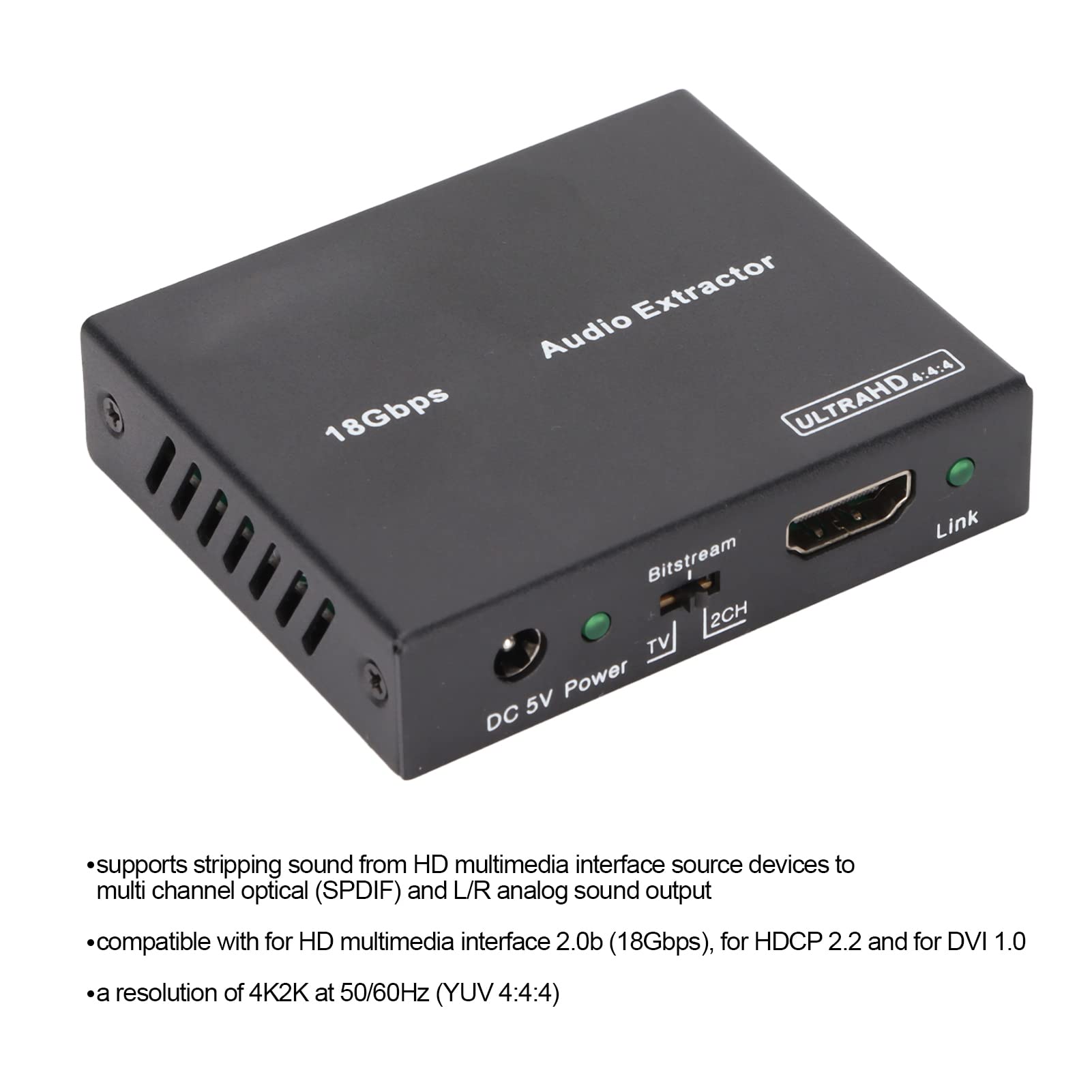 Audio Extractor Stripper, Multi Channel Optical (SPDIF) e Uscita Audio Analogica L/R, 18Gbps 4K2K a 50/60Hz Sound Extractor Converter Supporto HDCP 2.2 e Funzione CEC per Uso Domestico(Unione Europea)