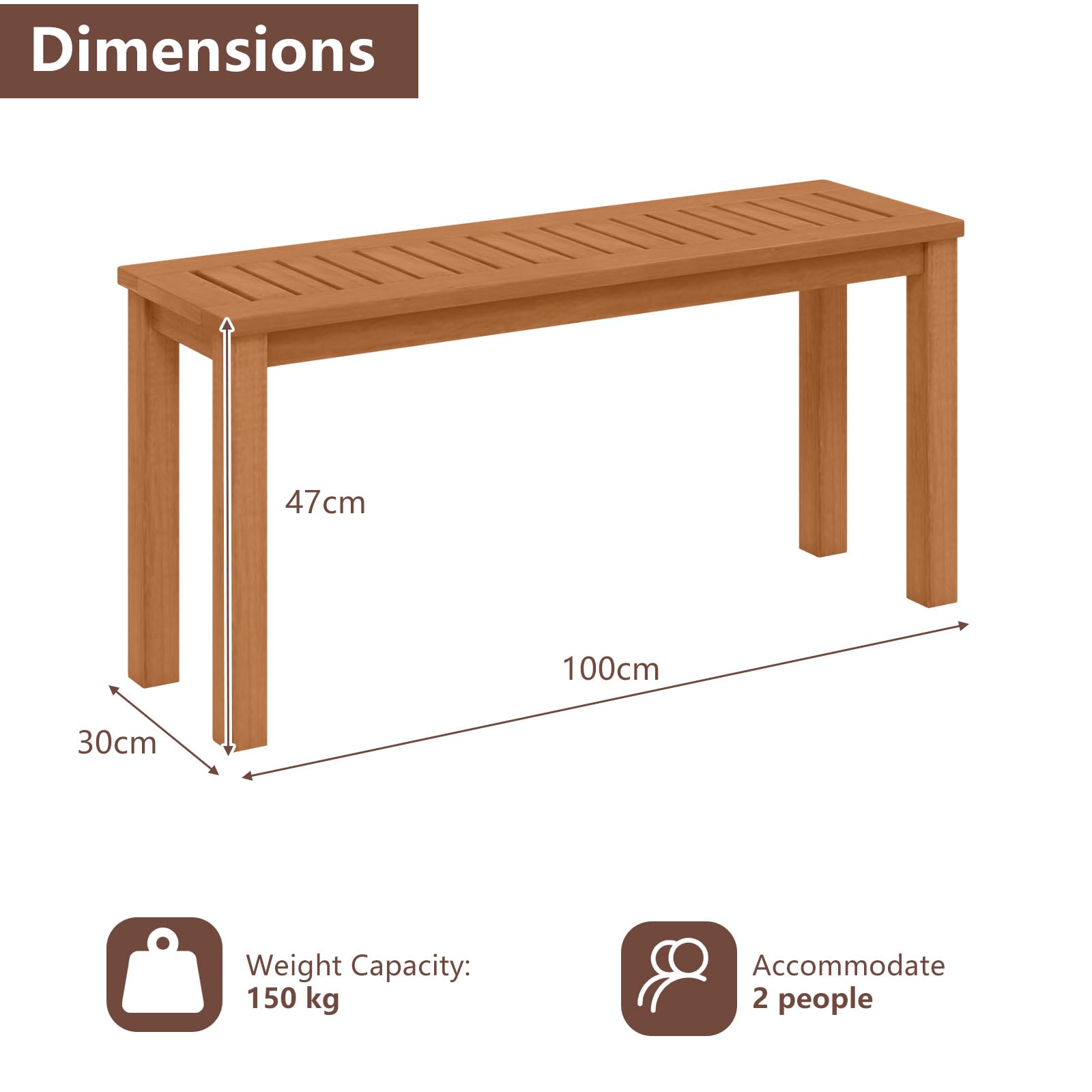 KOMFOTTEU Panchina da giardino in legno massiccio, per 2 persone, per esterni, resistente alle intemperie, 100 x 30,5 x 47 cm, per giardino, cortile, veranda