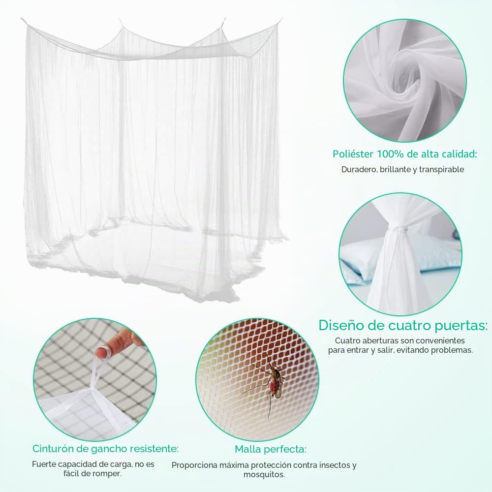 Mosquitera de Cama con Dosel con 4 Aperturas para mosquitero de poliéster, mosquitera, Cama Cuadrada, Color Blanco, mosquitera, Cama Doble Rectangular para Cama Grande (190 x 210 x 240 cm)