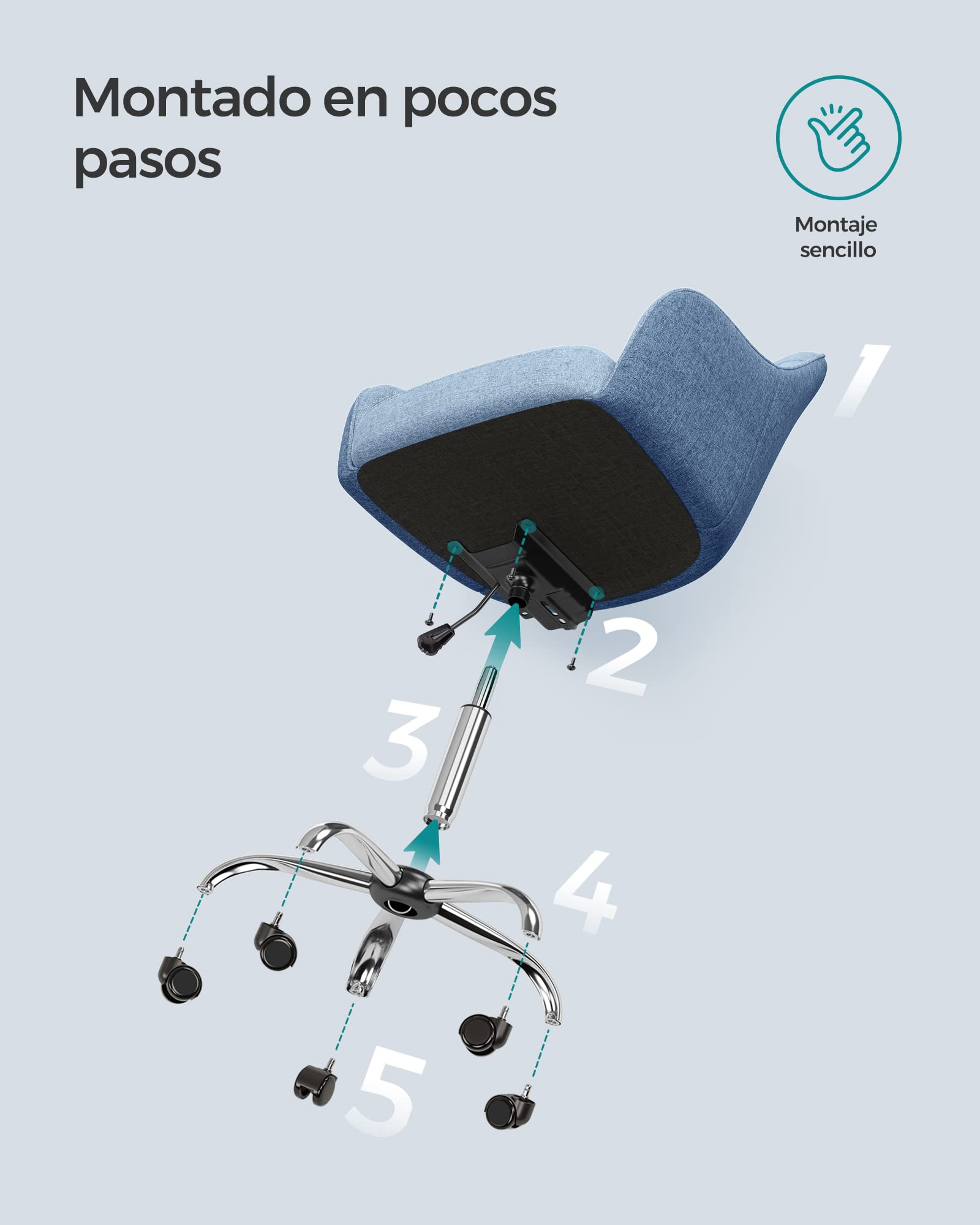SONGMICS Silla de Estudio, Silla Giratoria, Altura Ajustable, Carga de 110 kg, Marco de Acero, Tela de Algodón-Lino Transpirable, para Estudio, Dormitorio, Azul OBG019Q01