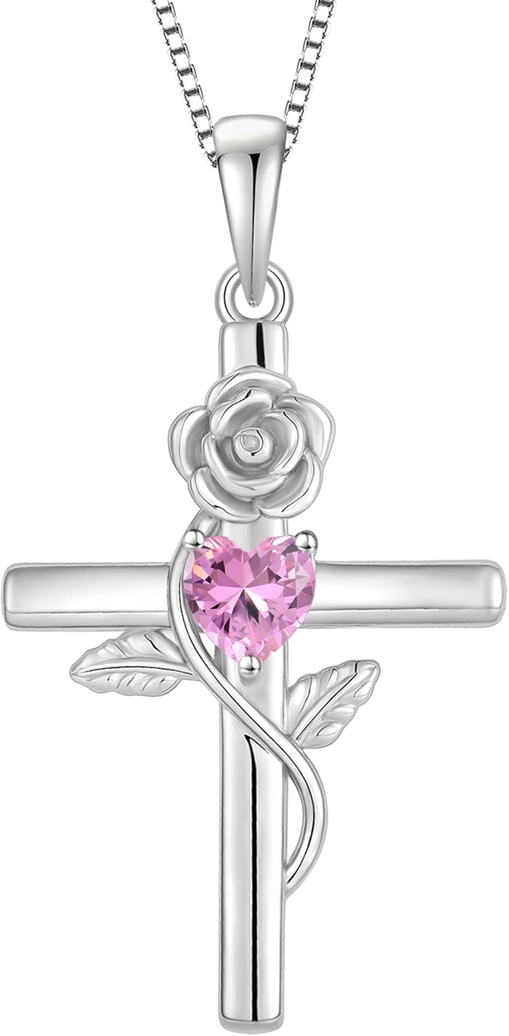 Sterling Silver Crucifix Necklace Flower Faith Cross Necklace for Women Religious Birthstone Jewelry Gift