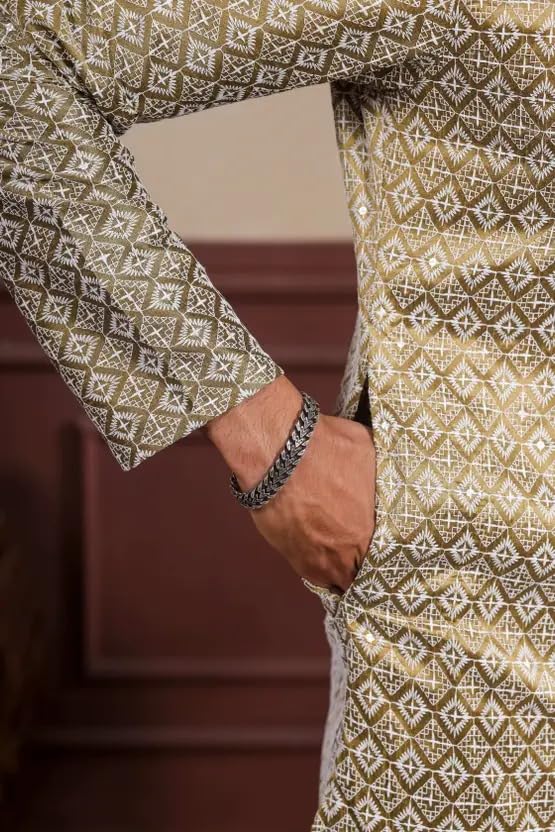 Image of LookMark Men's Printed Silk Blend Kurta with Mandarin Collar, Full Sleeves, Straight Fit Traditional Ethnic Wear