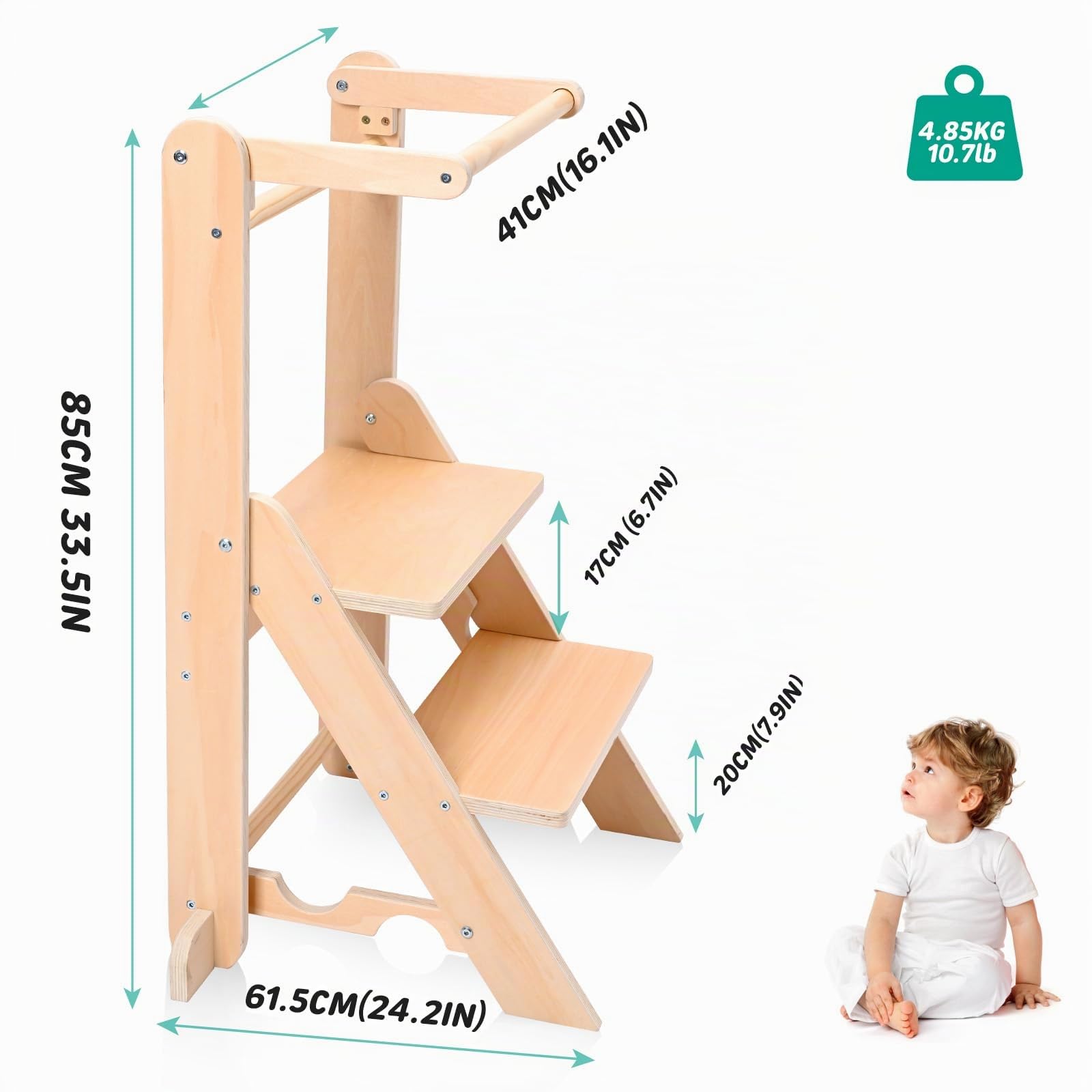 Torre Montessoriana Bambini, Torre di Apprendimento Pieghevole, Torre Montessoriana Regolabile in Altezza (2 Livelli), Capacità di carico 50 kg con Base Antiscivolo per 1-6 Anni (Legno Naturale)