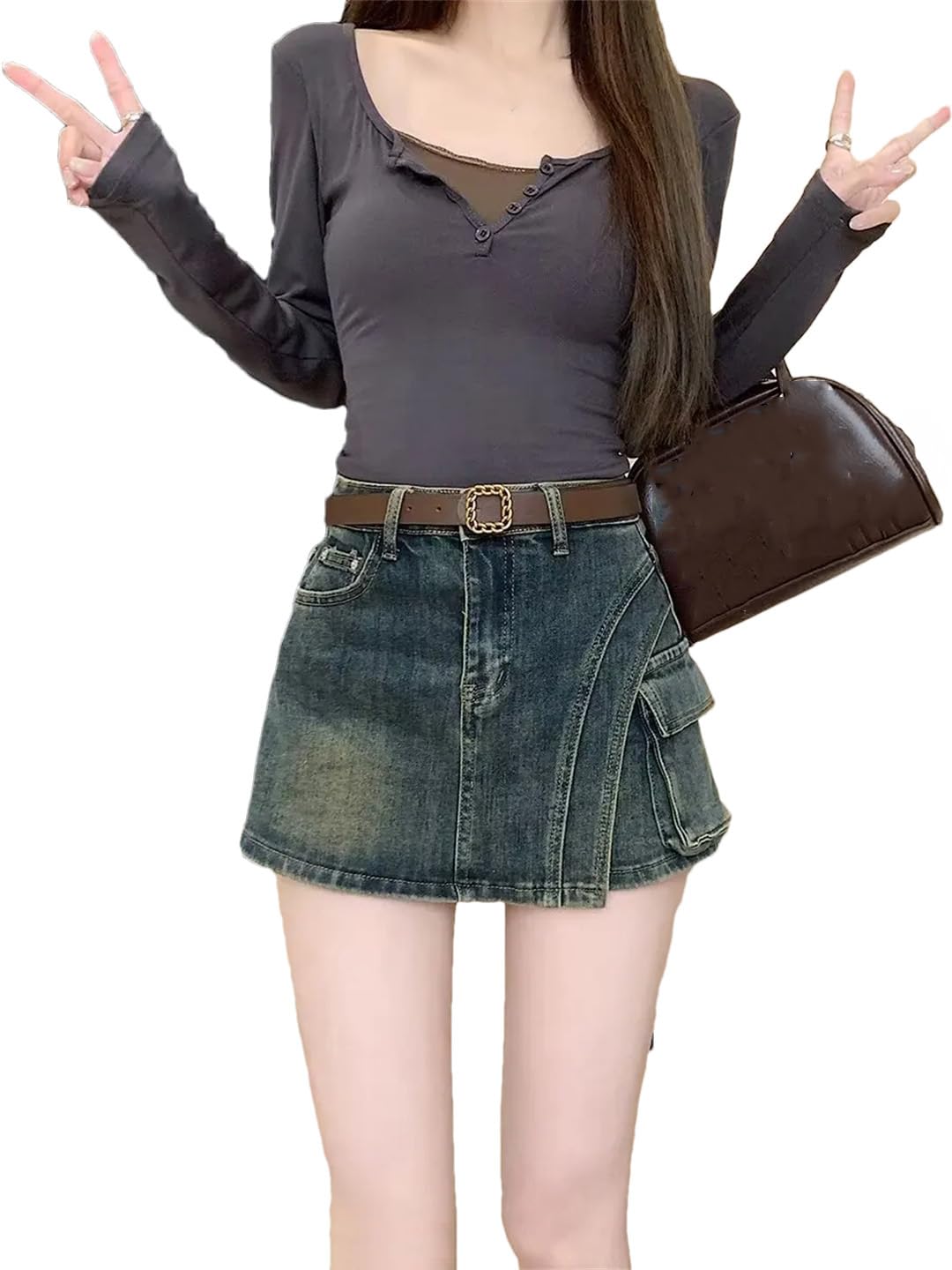 Gonna in denim retrò da donna a vita alta slim A-Line sopra il ginocchio mini gonna corta