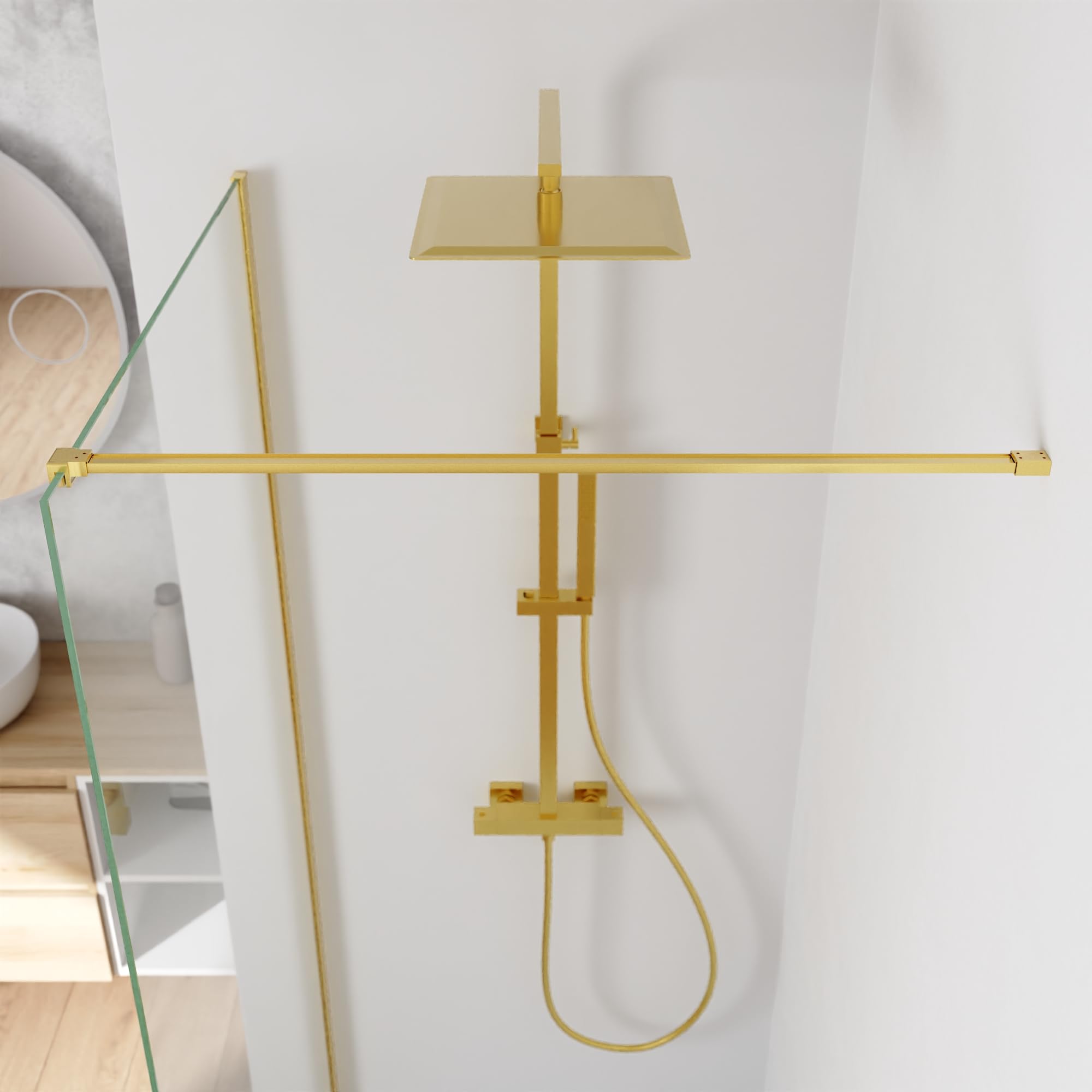 Parete Doccia Walk-In 100 cm Keros, Vetro Temperato 8mm Anticalcare, Profilo Alluminio Oro Spazzolato, Altezza 200 cm, Installazione Reversibile Dx/Sx con Barra Stabilizzatrice
