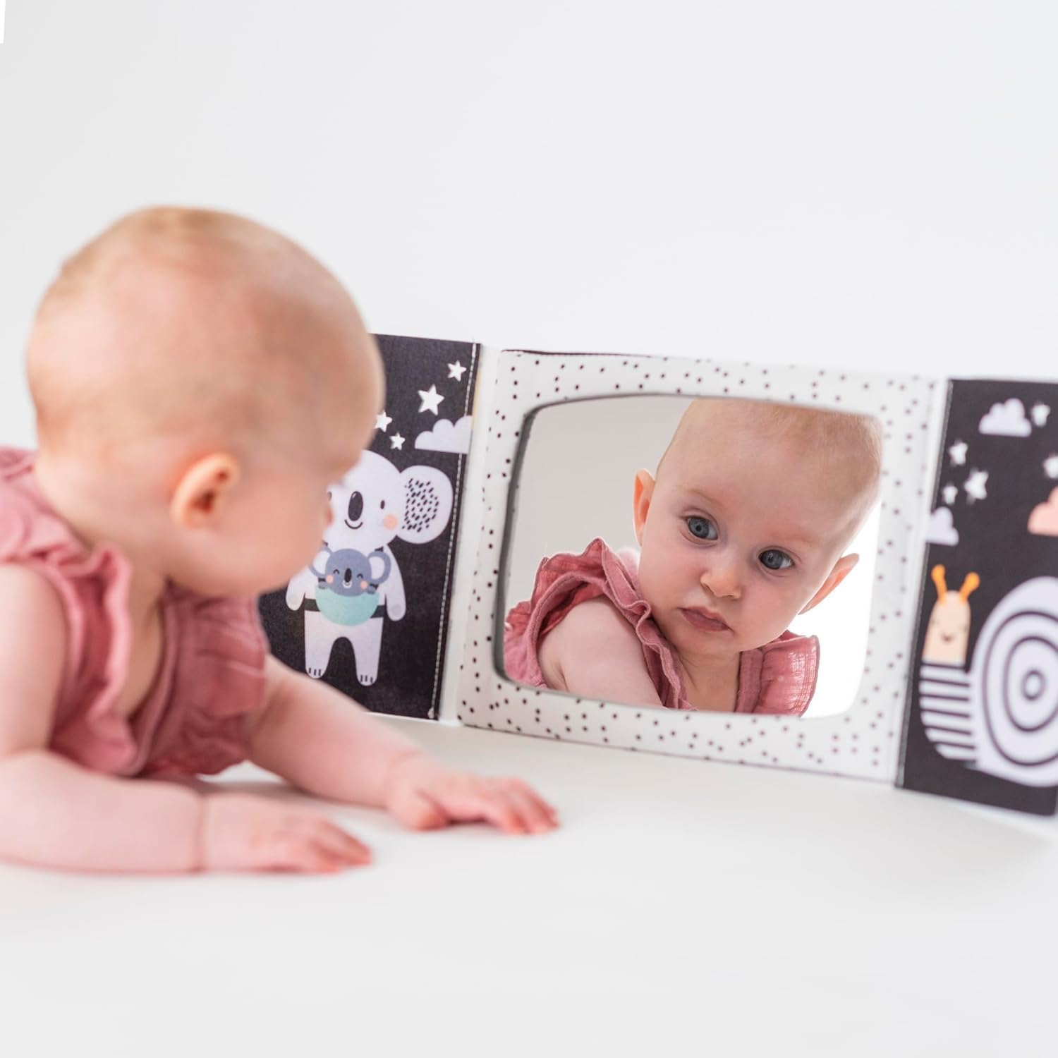 Taf Toys Tummy Time Floor Mirror Book Giocattoli per bambini Attività ad alto contrasto Montessori Neonati Giocattoli, Nero & Bianco Baby Mirror Giocattoli 0 3 6 12 0-3 Mesi Neonato Essenziale per il