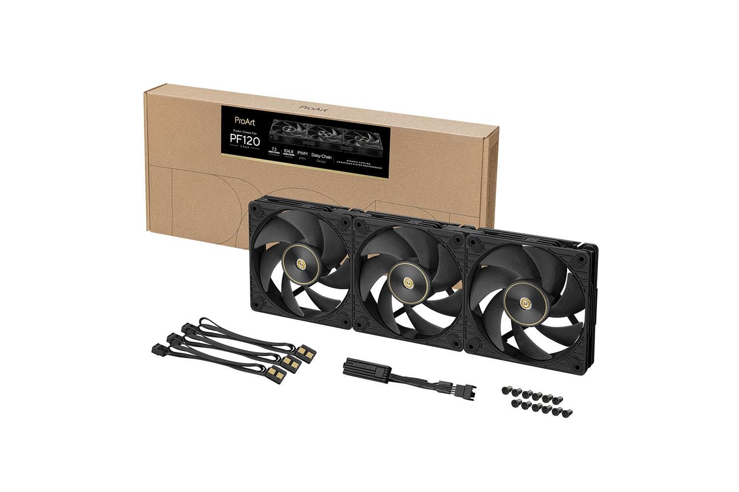 ASUS ProArt PF120 Triple Pack - Ventilateurs PMW de 120 mm, haute performance, cadre de 28 mm, pales LCP, fonctionnement silencieux, ingénierie de précision, connecteurs sur chaîne, noir