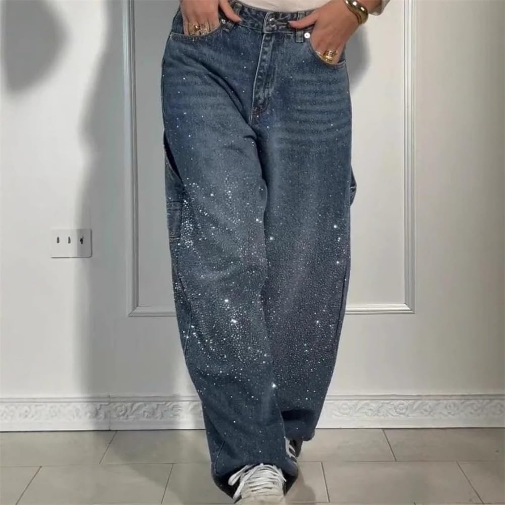 Jeans casual da donna con strass, a vita alta, con strass, gamba dritta e ampia, pantaloni in denim