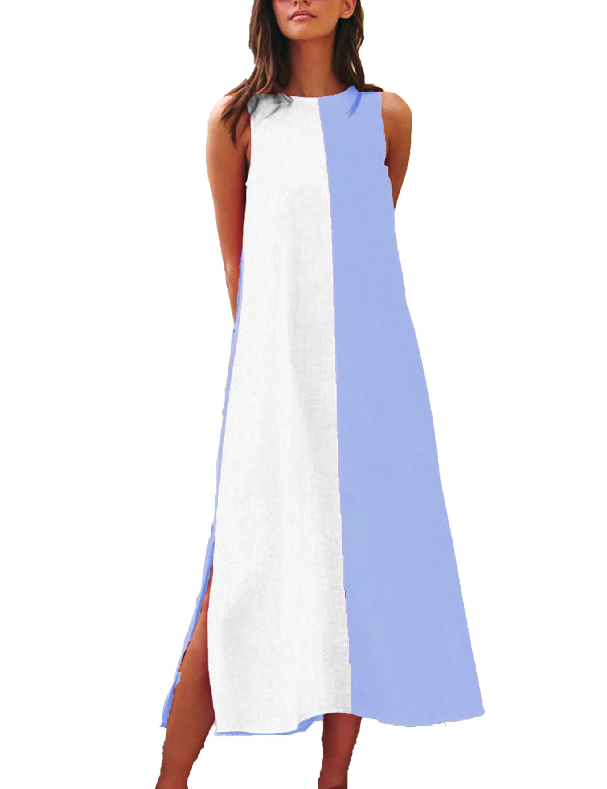 Zontroldy Summer Casual Dress for Women Long Sleeveless Crewneck Dresses Color Block Side Slit Beach Vacation Dress