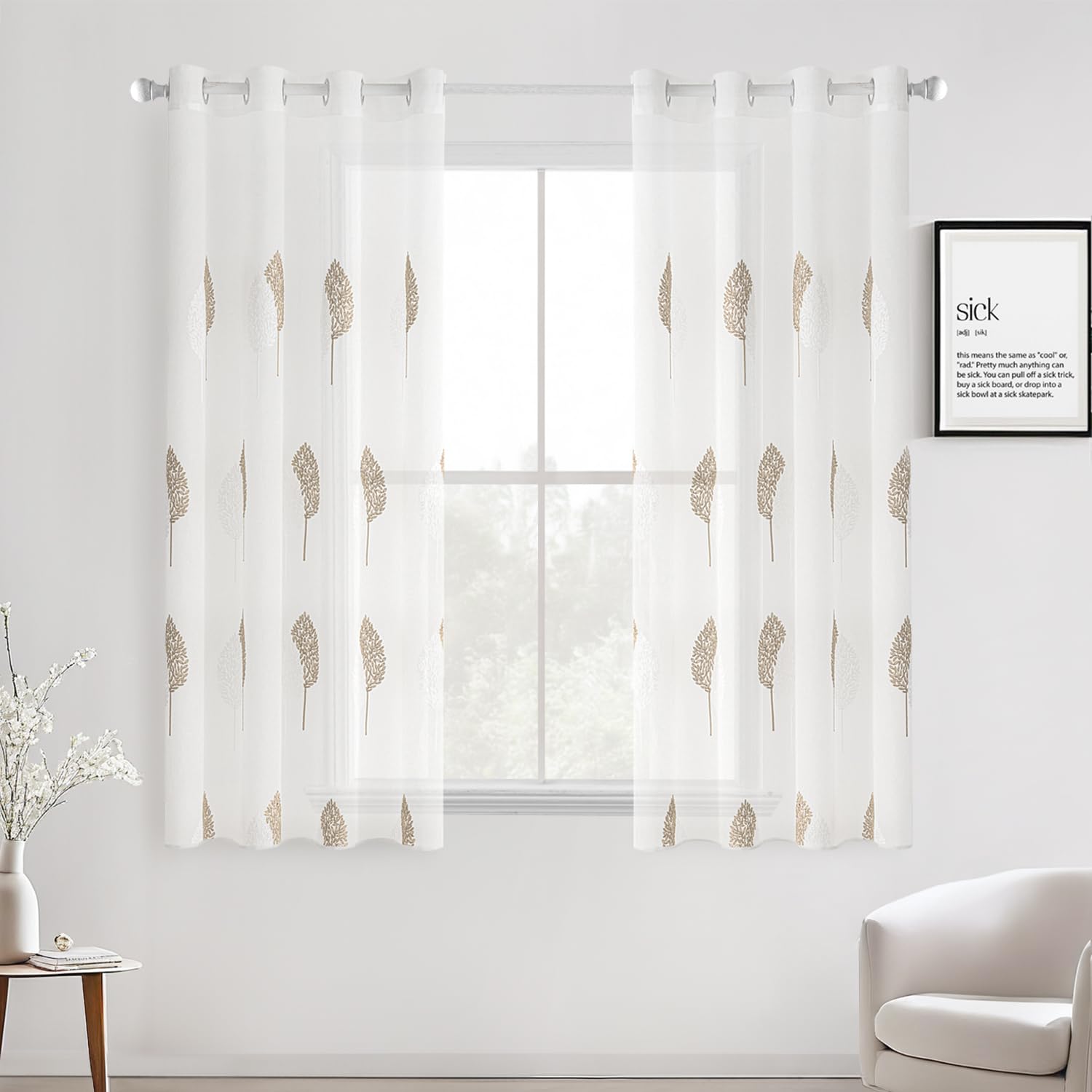 MIULEE Cortinas Salon Modernas con Bordado de Hojas 2 Piezas, Lindas Cortinas Visillos Dormitorio Matrimonio con Ojales, Cortinas Translucidas Salón con Beige y Blanco Hojas Motivos 140x260 CM