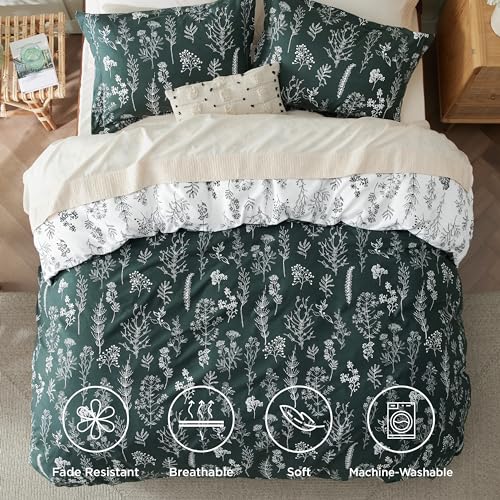 Image of Bedsure Duvet Cover Queen Size - Reversible Emerald Green Queen Duvet Cover Set with Zipper Closure, 3 Pieces Floral Patterned Bedding Set with 8 Corner Ties and 2 Pillow Shams