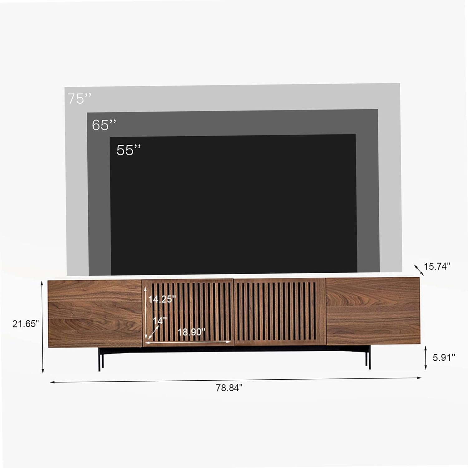 POVISON Wood TV Stand, 78'' Media Console for 70 75+ Inch TV, Full Assembled Slatted Entertainment Center with Storage, Farmhouse TV Cabinet with Tall-Cast Metal Legs for Living Room Bedroom, Walnut