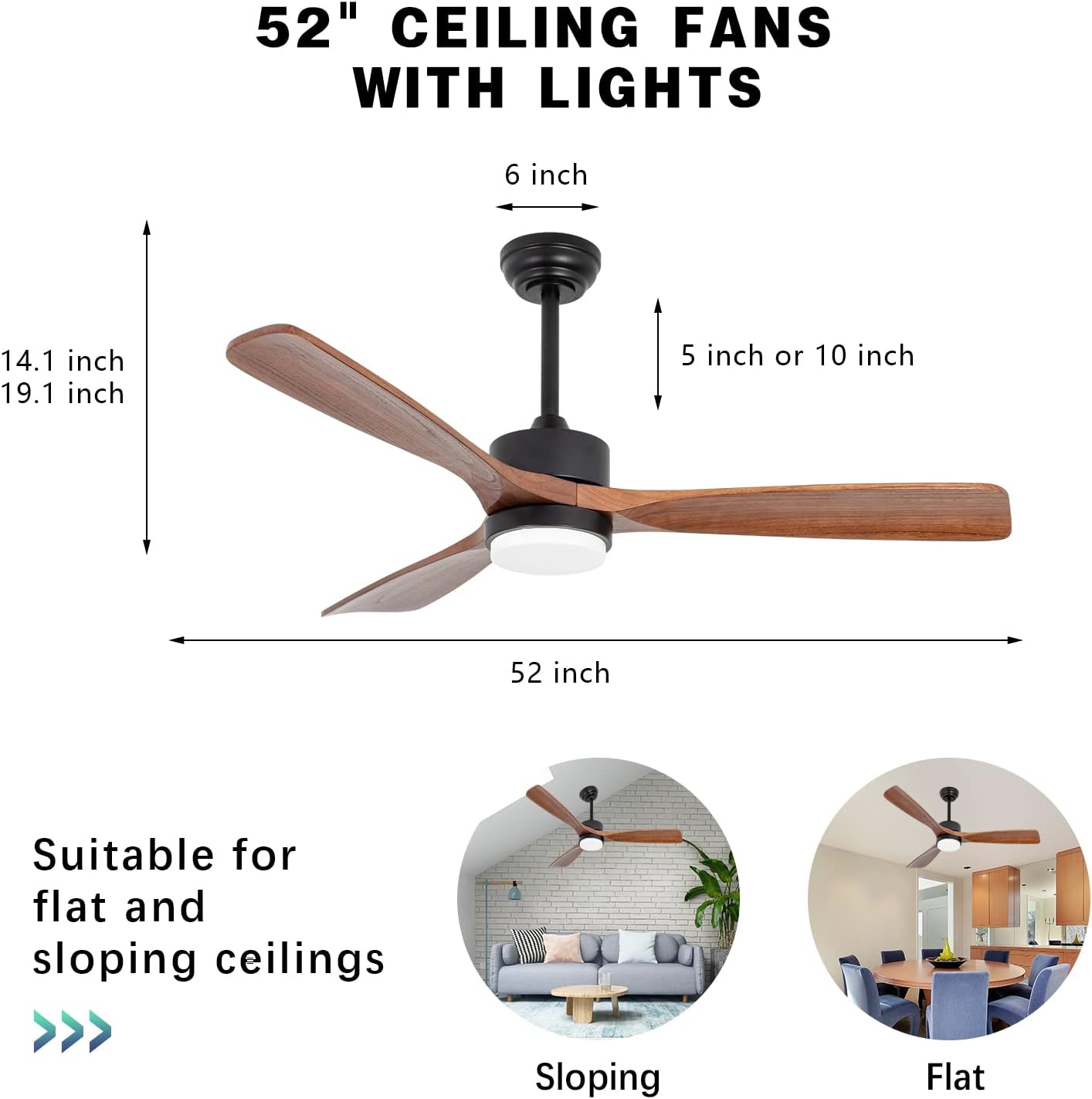 52 inch Wood Ceiling Fans with Lights, Modern Ceiling Fan with Lights and Remote Control for Patios, 3 Color light, 6 Speed，DC Motor for Living Room Bedroom Outdoor