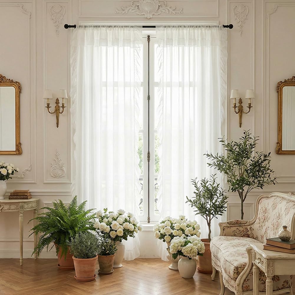 Weiß Rüschenn Gardinen Transparent für Schlafzimmer Wohnzimmer,Französisch Landhausstil Ruffled Vorhänge Durchsichtig Dekovorhang Romantisch 2 Stück 140x220