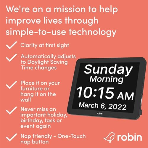 Robin, Upgraded Version, Digital Day Clock 2.0 With Custom Alarms And Calendar Reminders, Alarm Clock With Extra Large Display Helps With Memory Loss, Alzheimer's And Dementia, 15”Black #TOP1