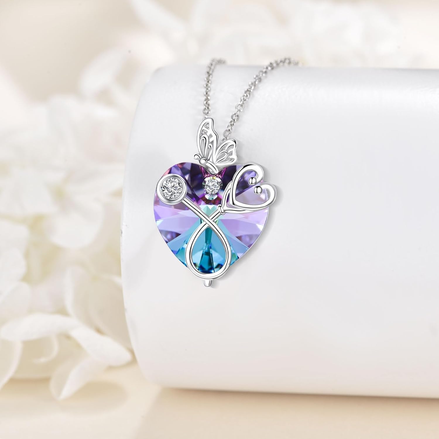 POPKIMI Gifts for Nurse Stethoscope Necklace with Butterfly 925 Sterling Silver Heart Crystal Nursing Themed Birthstone Jewelry Birthday Gifts for Women Doctor Medical Student