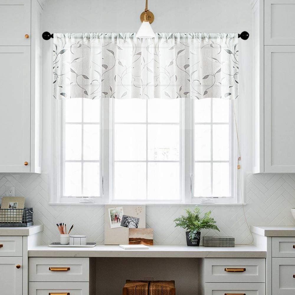 MRTREES Sheer Voile Curtain Valance - Leaves Embroidered Rod Pocket Window Treatment, Grey Leaves (54x16 Inches)