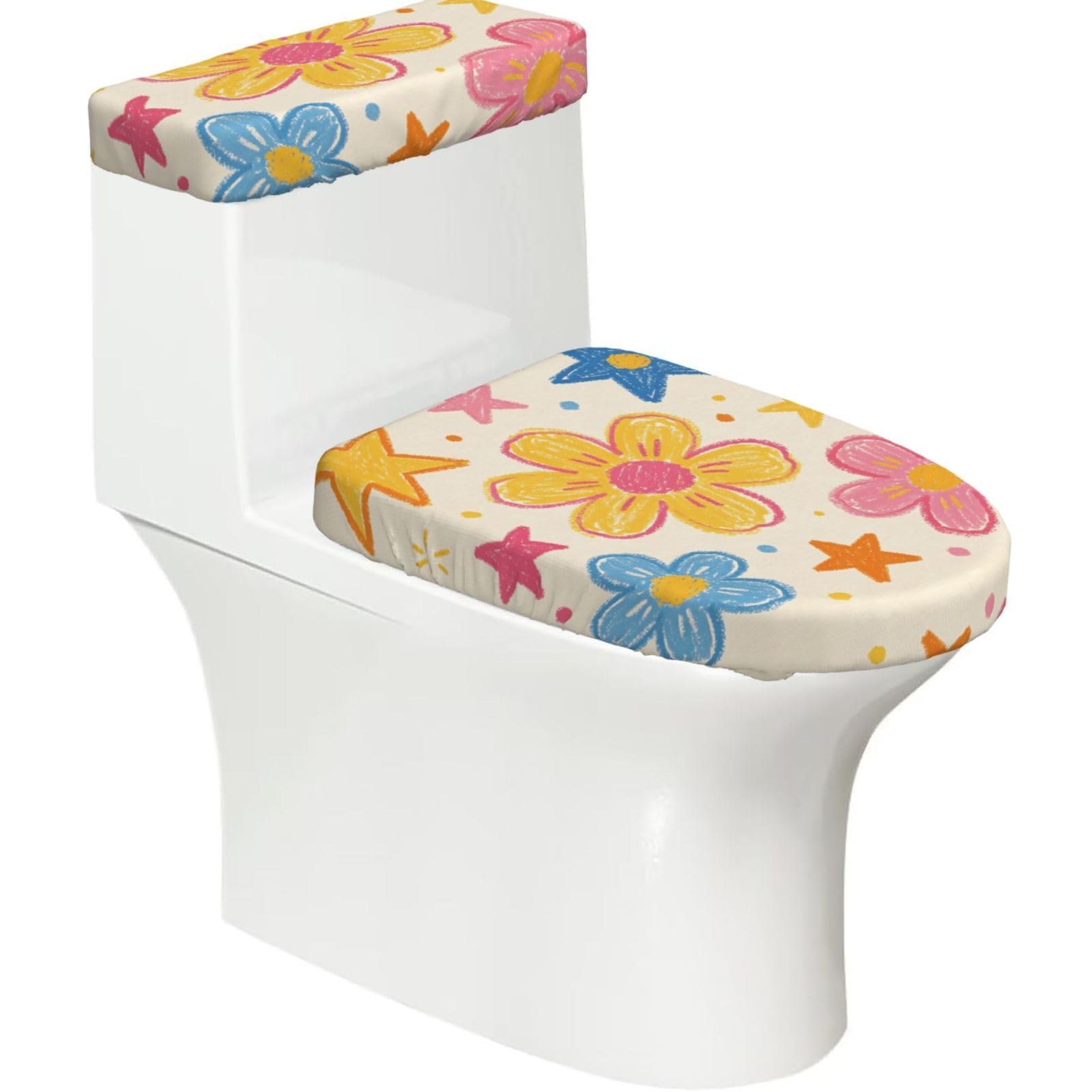 Cntdbu Black Crayon Doodle Art Elastic Toilet Cover Set Of 2-Stretchy Lid And Tank Covers For Bathroom, Soft Washable U Shape Toilet Decor