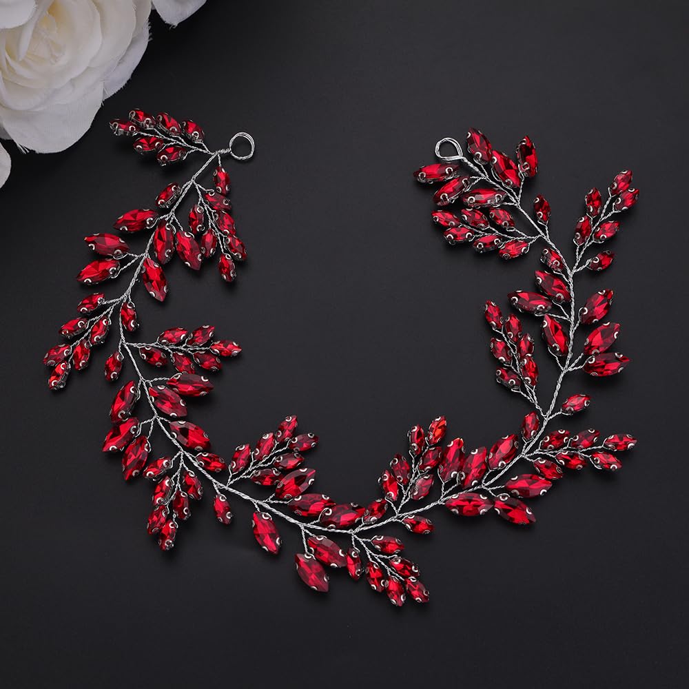 Teyglen Bride Wedding Crystal Hair Vine Full Red Rhinestone Crystal Headband Handmade Red Rhinestone Headpiece Bridal Hair Accessories for Women Girls