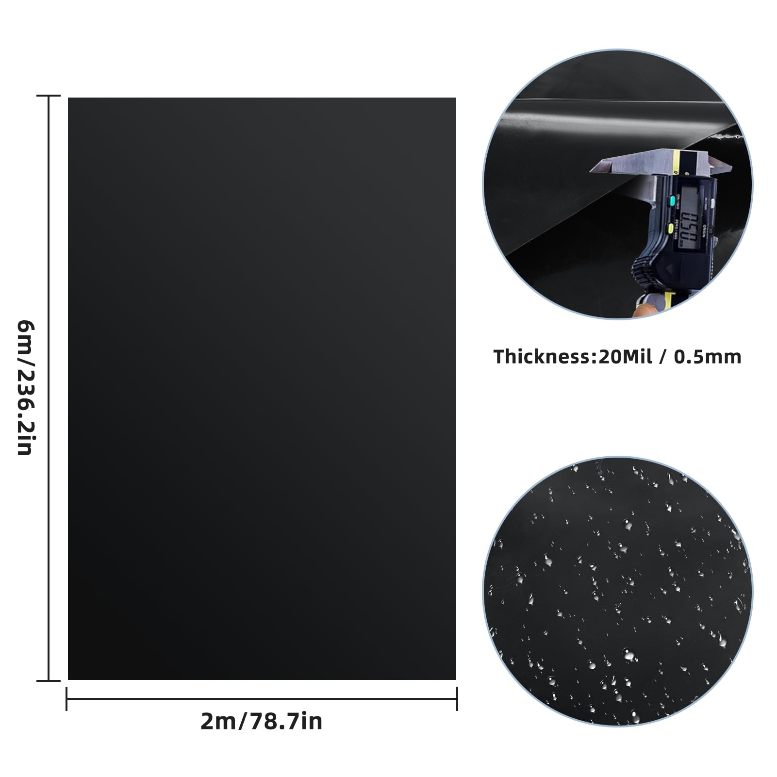 2 x 6 m estanque, grosor de 0,5 mm de HDPE negro, lámina de sellado para estanques de estanques, estanques de peces, fuentes, jardines de agua y cascada, estanques de jardín