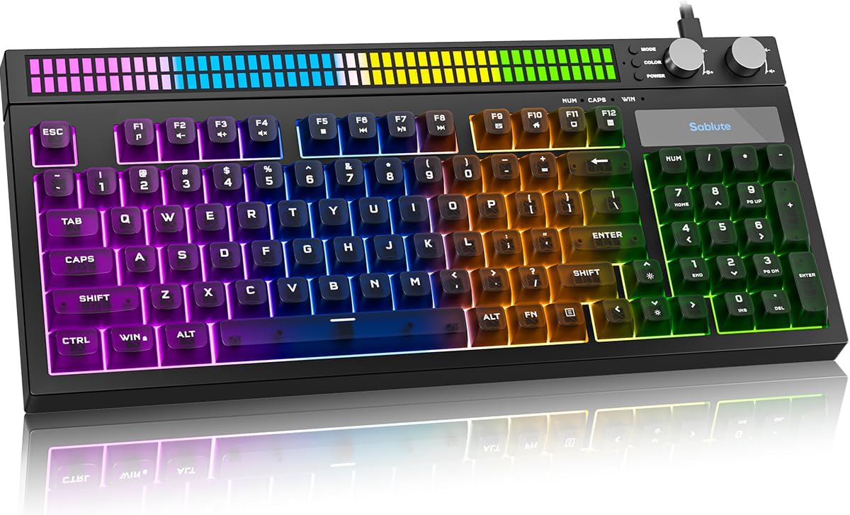 SABLUTE Gaming Keyboard with Audio-Sync RGB Light Strip, PC Gaming Keyboards 19-Key Anti-Ghosting Dual Control Knobs, Adjustable Stand, Ultra-Low Latency Quiet Membrane Keyboard for PC Gamers