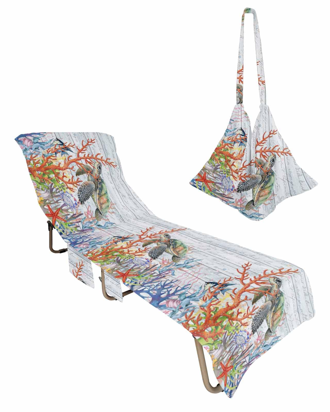 Sea Turtle Beach Lounge Chair Towel Cover, Soft Chaise Lounge Towel with Side Pockets Patio Pool Chairs Cover for Beach/Pool Sunbathing 29x85 Colorful Coastal Coral Nautical Vintage