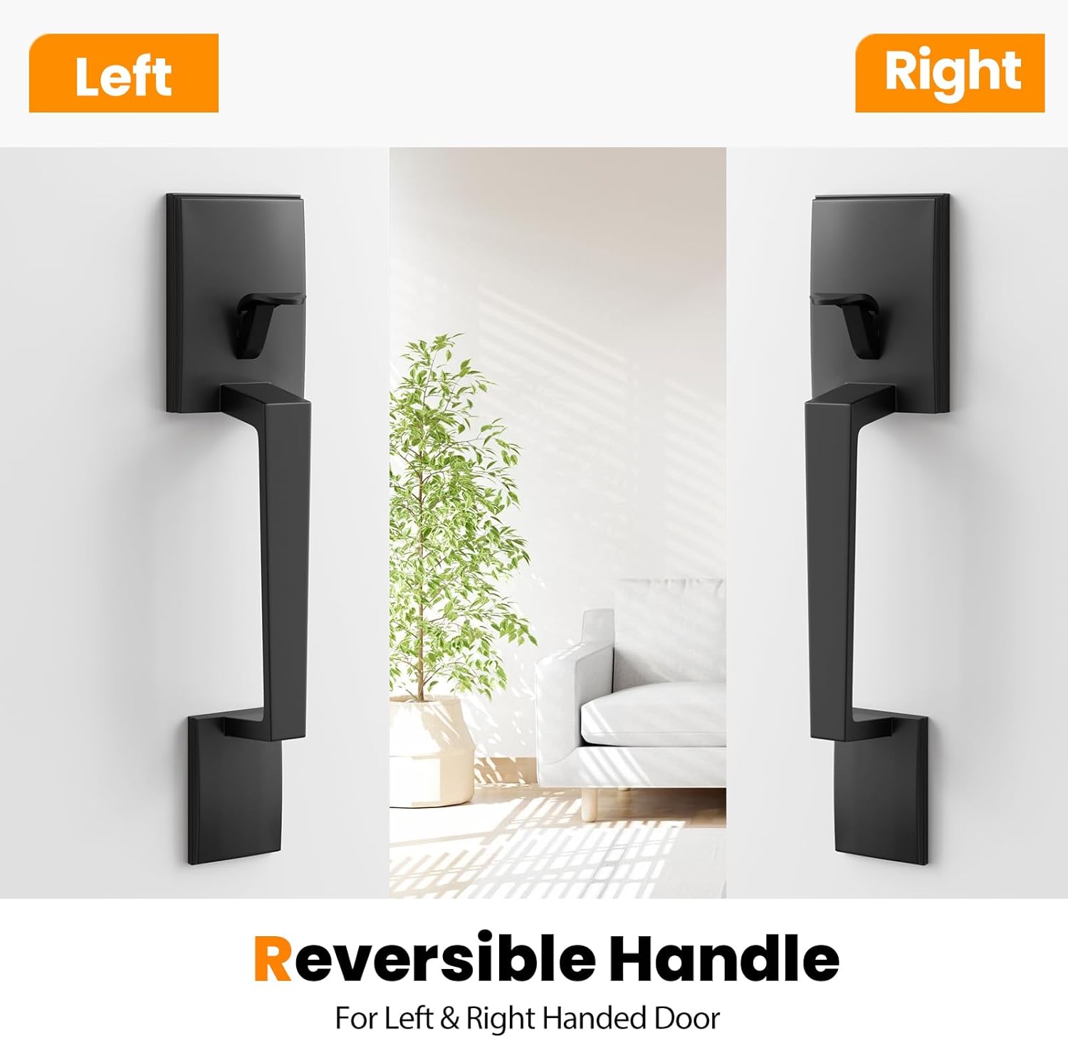 HOSOM Front Door Handle Exterior Door Handle Set with Knob, Black Front Door Handle No Lock, Front Door Entry Handleset with Reversible Lever Front Door knob for Right & Left-Handed Doors