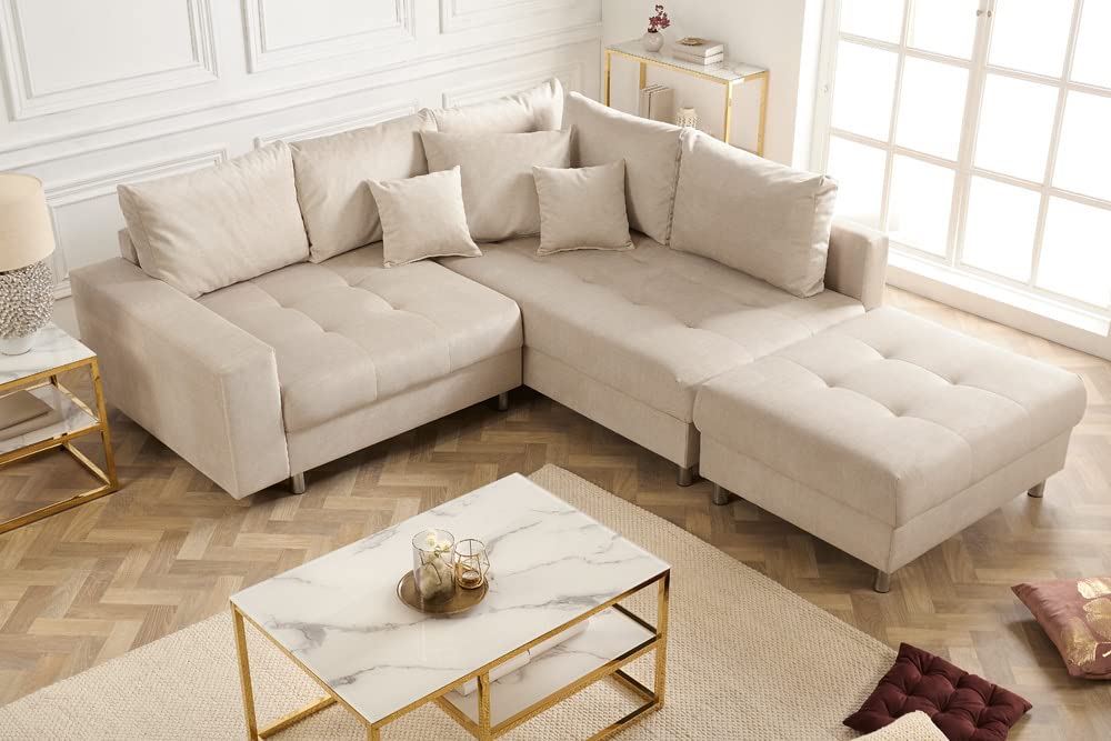 riess-ambiente.de Elegante Wohnlandschaft Kent 220cm Champagner beige Samt Ecksofa Federkern inkl. Hocker und Kissen