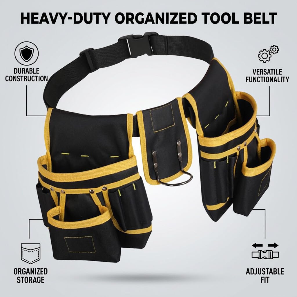 Fabater Cintura per Attrezzi Durevole Elettricisti Fai da Te per Lavoro Tessuto Oxford Cintura Regolabile con 26 Tasche per Attrezzi da Lavoro Giallo (YELLOW)