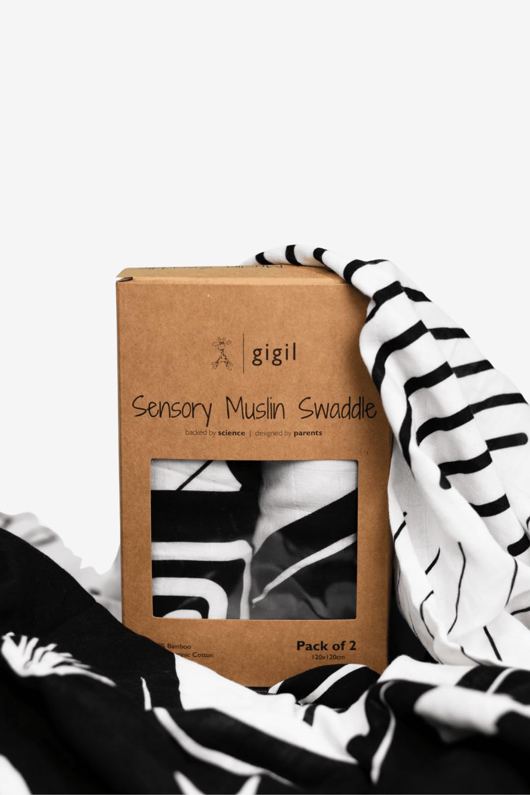 GIGIL Sensory Muslin Swaddle Blanket, Black and White Muslin Square, Bamboo and Cotton Blend, Pack of 2, 120x120cm (Giraffe Horizon/Shapes)