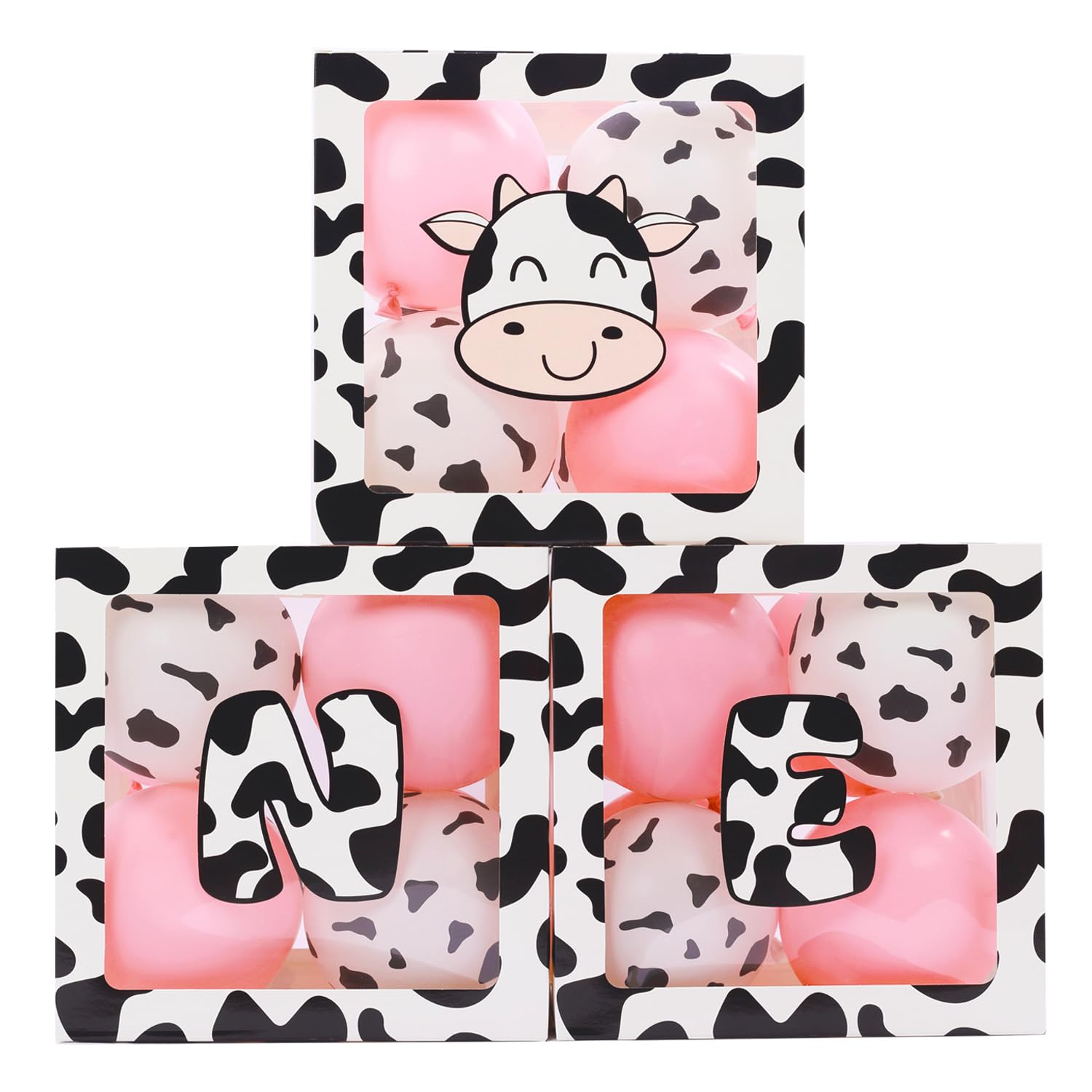 Holy Cow Im One First Birthday Decorations Girl, ONE Balloon Boxes with Cow and Pink Balloons, ONE Blocks for Cow Farm Western Theme Baby 1st Birthday Backdrop, Cake Smash Photo Props