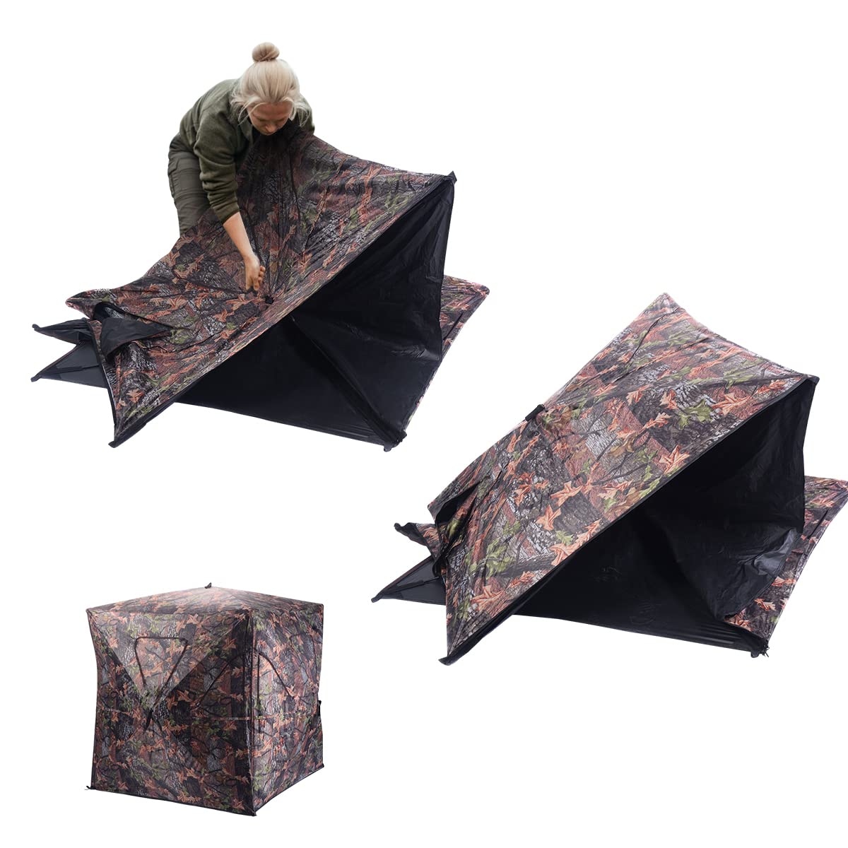 GOPLUS Tienda de Campaña Portátil con Camuflaje para 3 Personas, Persiana de Caza con Visión de 360°, Ventanas, Bolsa de Transporte, Estacas de Suelo, Sujetadores, para Camping y Caza