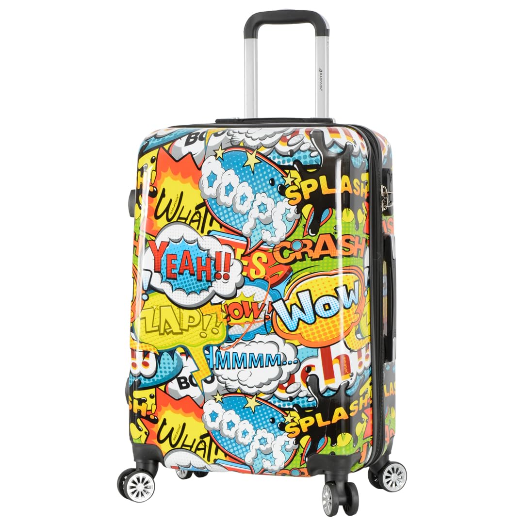HLG286 - Maleta de carcasa rígida con estampado de cómic, cuatro ruedas, ampliable, Blue, Medium - H:66 x L:42 x W:27 cm, 3.5kg, Equipaje rígido con ruedas giratorias