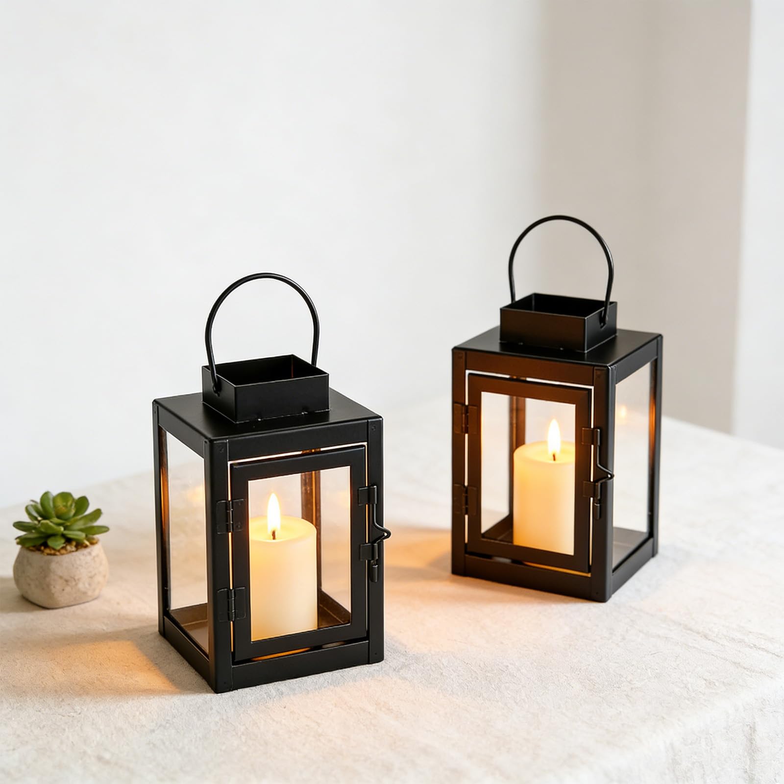 3 lanterne per esterni, 10 x 16,5 cm, lanterne per candele, lanterne da giardino, lanterne da giardino per portacandele, piccola lanterna in metallo per tavolo da caffè, caminetto (nero)