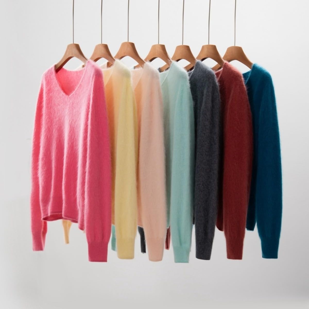 Damen Pullover mit V-Ausschnitt, Kaschmirwolle, gebürstet, weicher warmer V-Ausschnitt, lockerer Kaschmir-Pullover, nahtloser Strickpullover