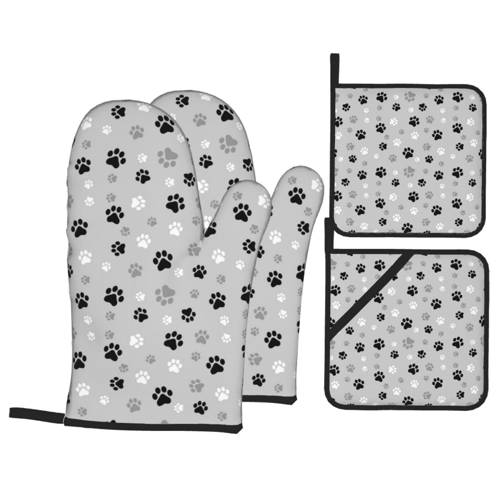 Animal Paw Prints Print Stylish Heat-Resistant Oven 4-Piece Set Kitchen Gloves Roasting Daily Cooking