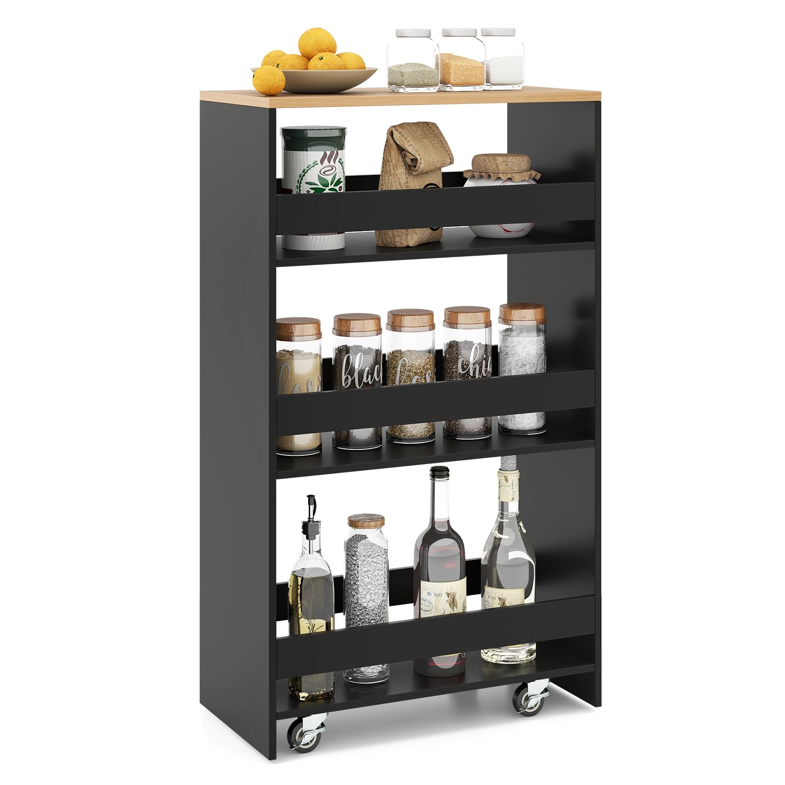COSTWAY Chariot de Rangement Fin 25 cm, Desserte à 4 Niveaux avec roulettes, Étagère de Cuisine avec Poignée Latérale et Roues Universelles avec Freins, Design Étroit, Noir + Naturel