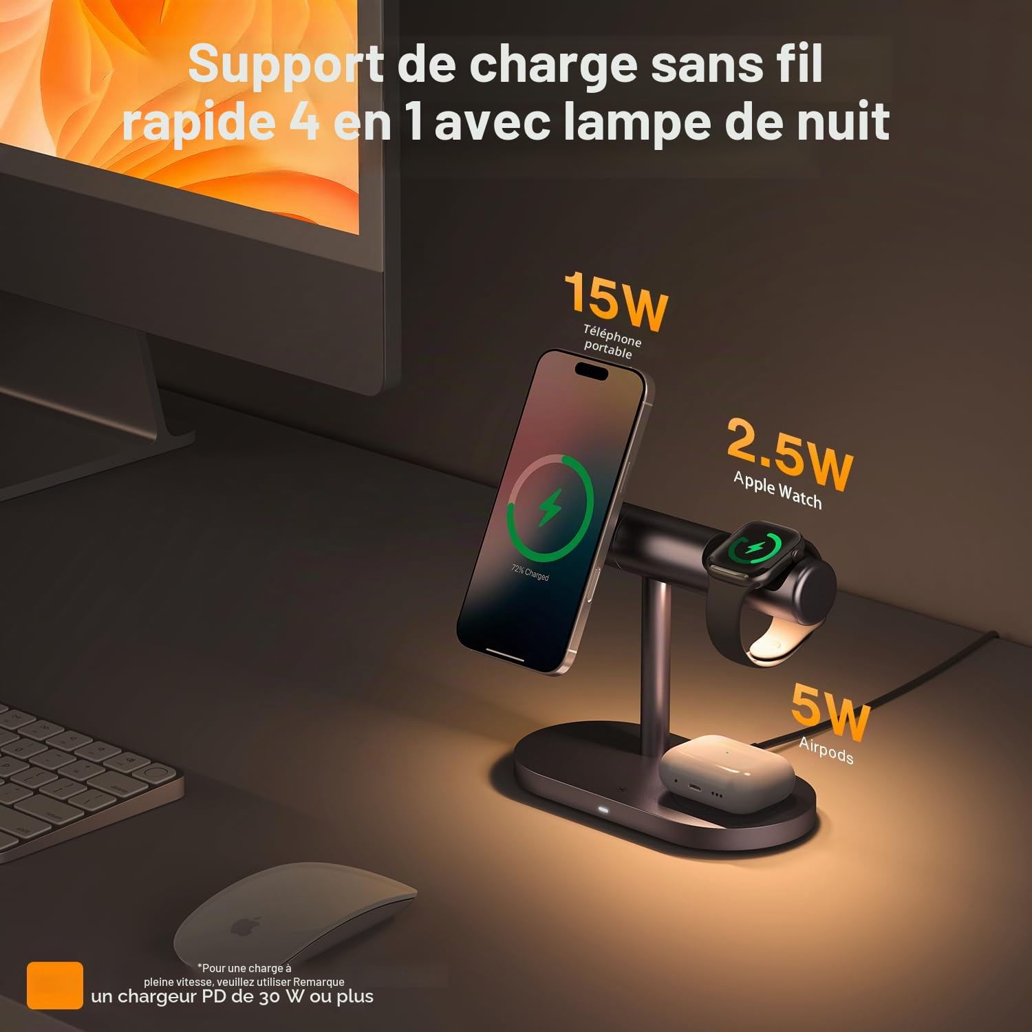 iVANKY Chargeur Induction 4 en 1 avec Lampe de Nuit (Qi2, avec Adaptateur d'alimentation 33W)