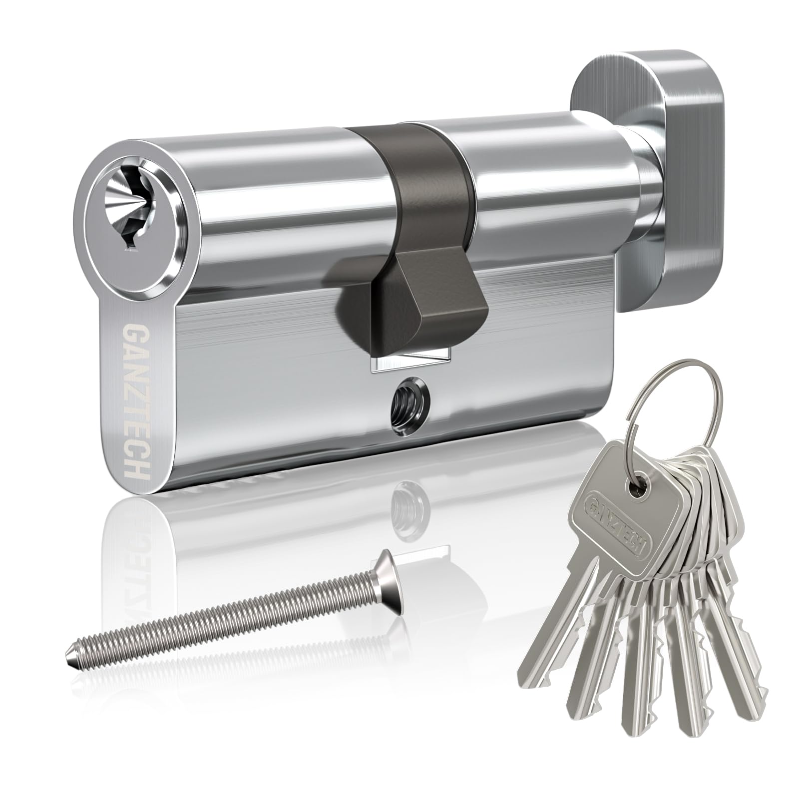GANZTECH 35T/35 (70mm),Chrome Plating Door Barrel Lock,Key Key with 5 Standard Keys,Aluminum Alloy Euro Cylinder Lock,Secure Stable for Wooden,Composite Doors and UPVC