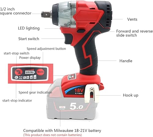 Miniatura 2 de FSYAO Llave de impacto inalámbrica de 18 V y 12 pulgada, sin escobillas, par máximo de 350 pies-libras, ajuste de 4 velocidades, arranque y parada
